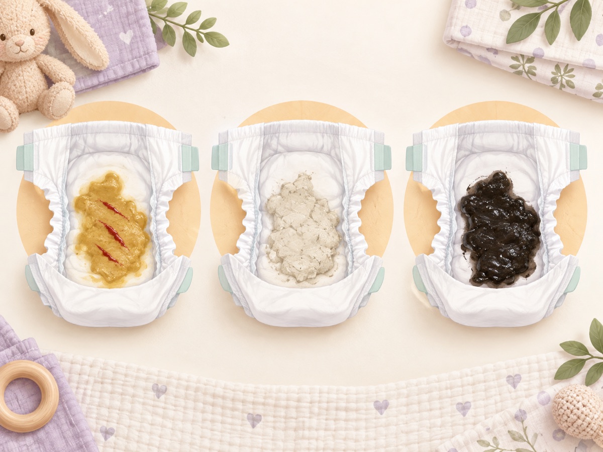 Illustrated diapers showing red-streaked, pale gray-white, and black tar-like stool appearances