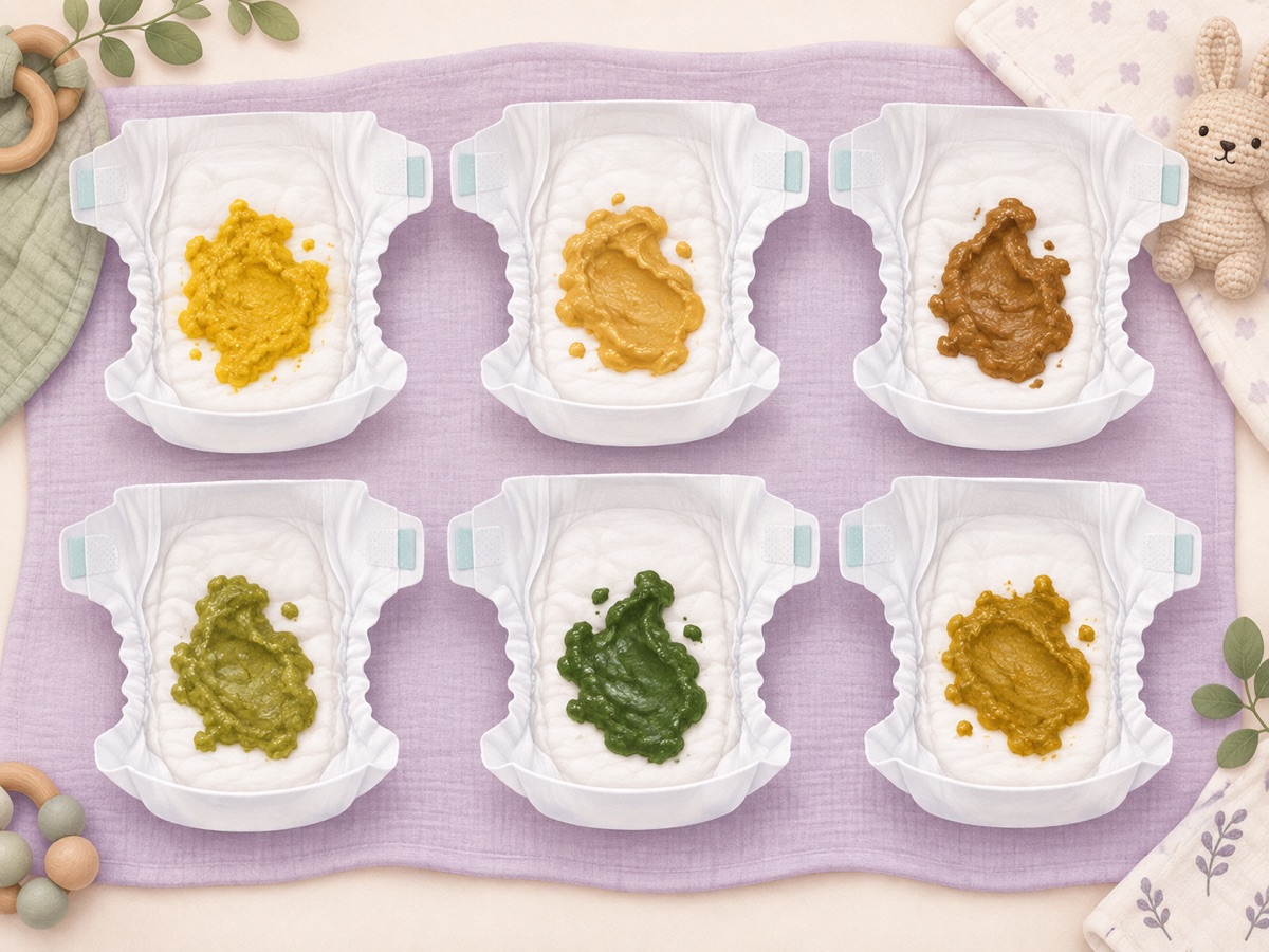 Illustrated diapers showing mustard yellow, tan, brown, olive, and green baby stool colors