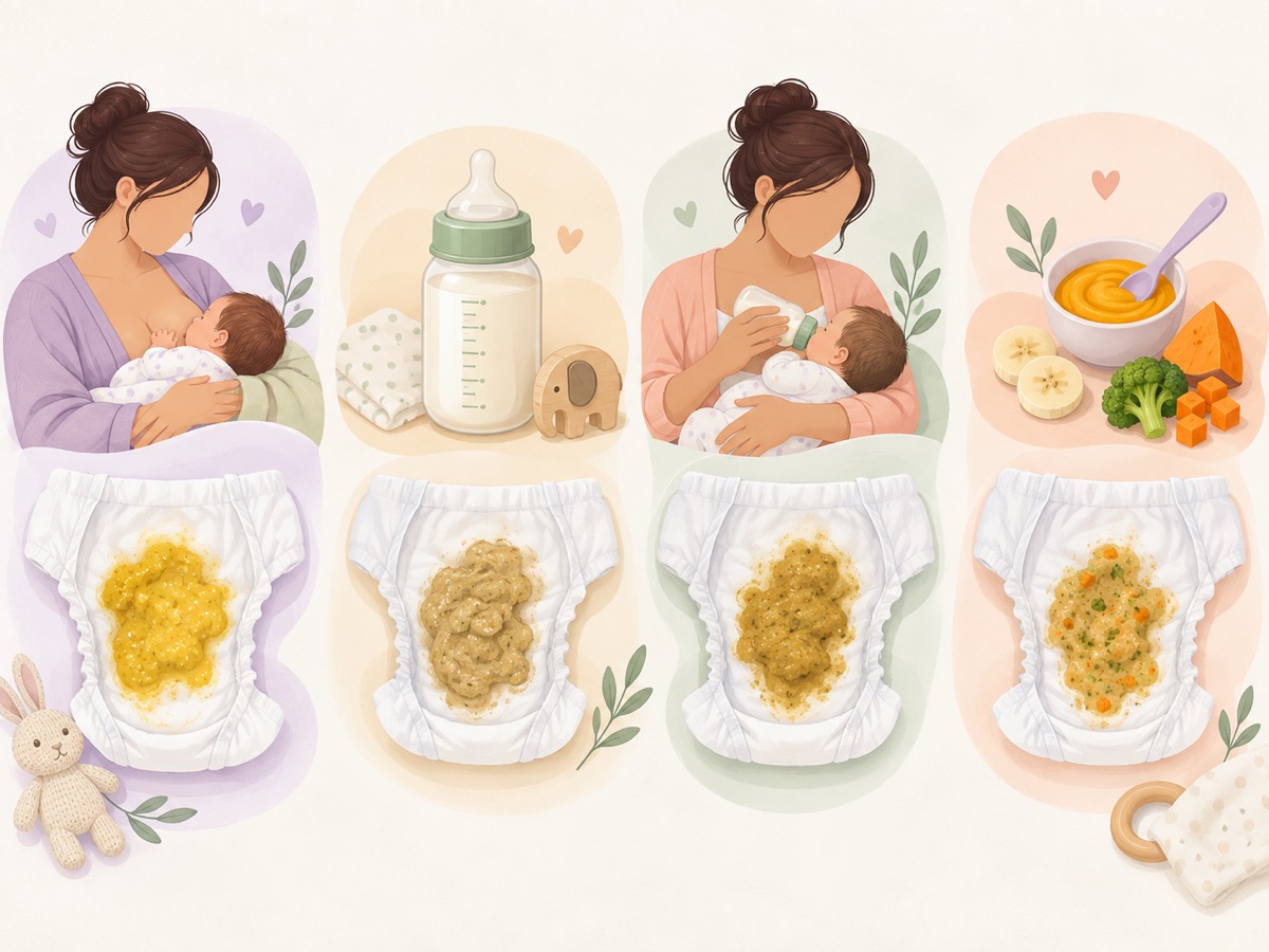 Illustration comparing stool patterns alongside breastfeeding, formula feeding, mixed feeding, and solid foods