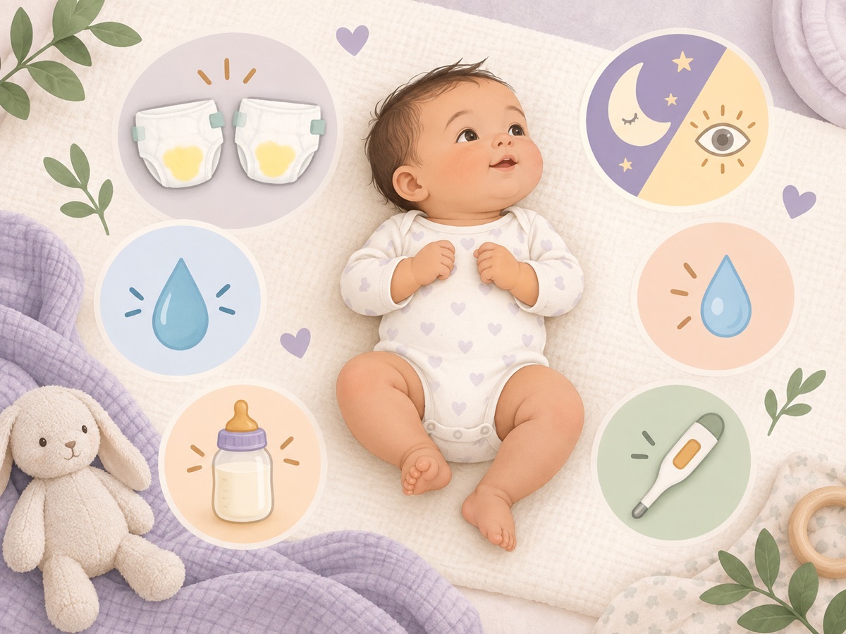 Illustration of a baby surrounded by symbols for wet diapers, hydration, feeding, alertness, and temperature