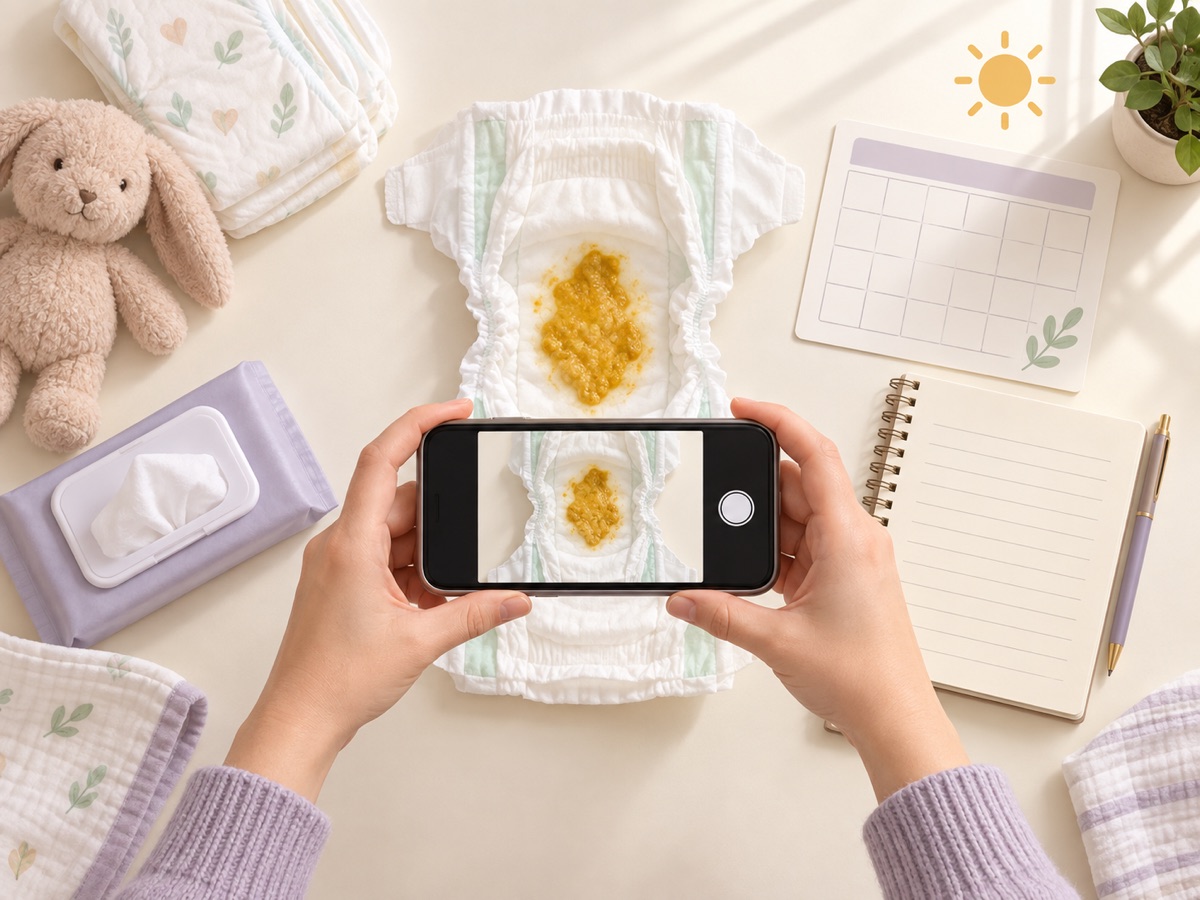 Illustration of a caregiver photographing a diaper in natural light beside a blank calendar and notebook