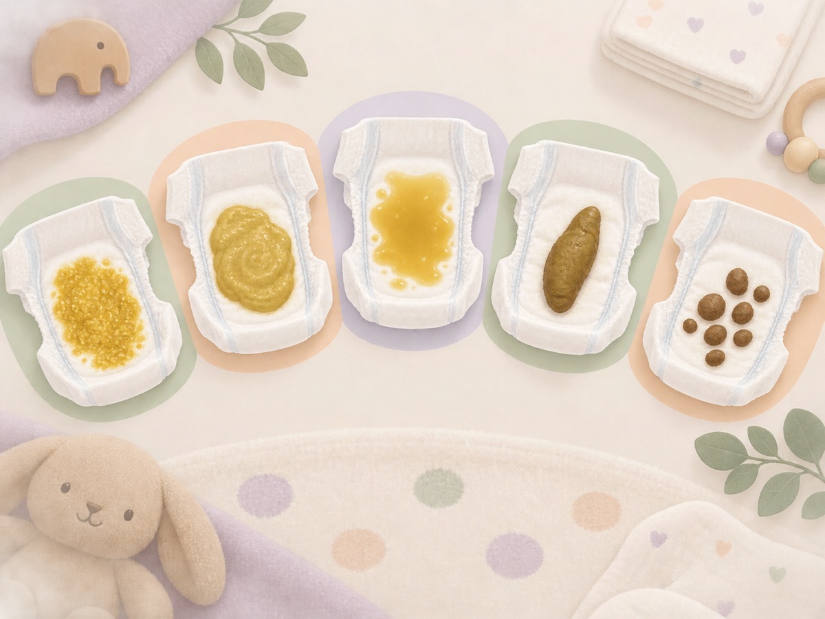 Illustrated diapers comparing seedy-soft, smooth-pasty, watery, formed, and hard pellet-like stool textures